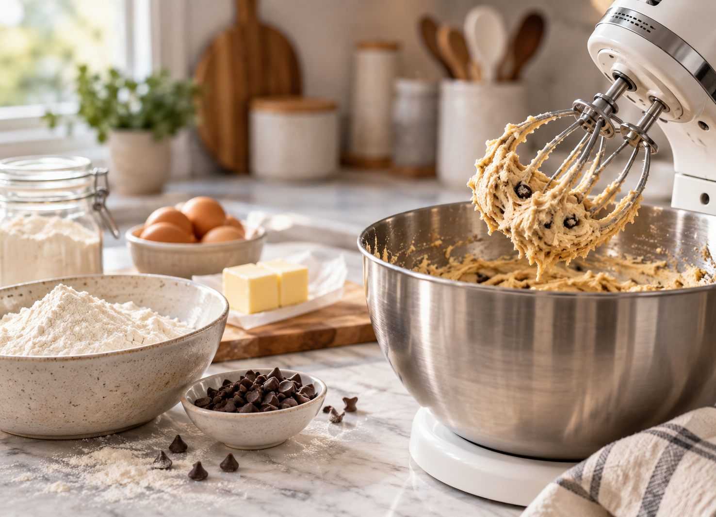 Baking ingredients bowl and whisk
