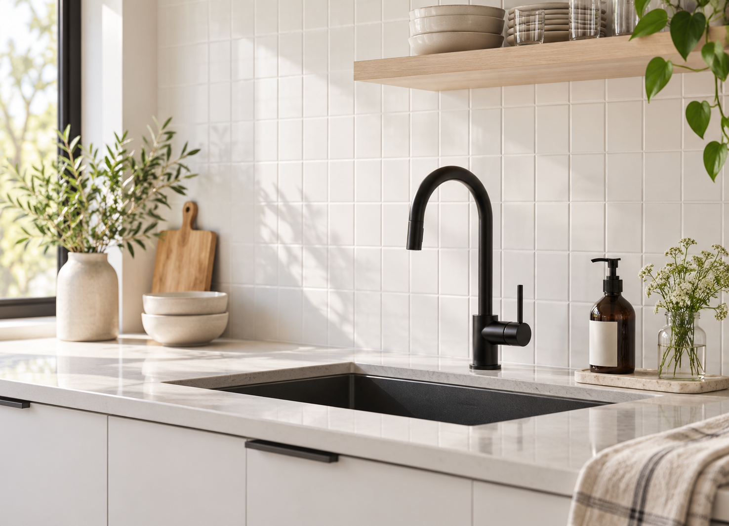 Modern kitchen sink and soap dispenser