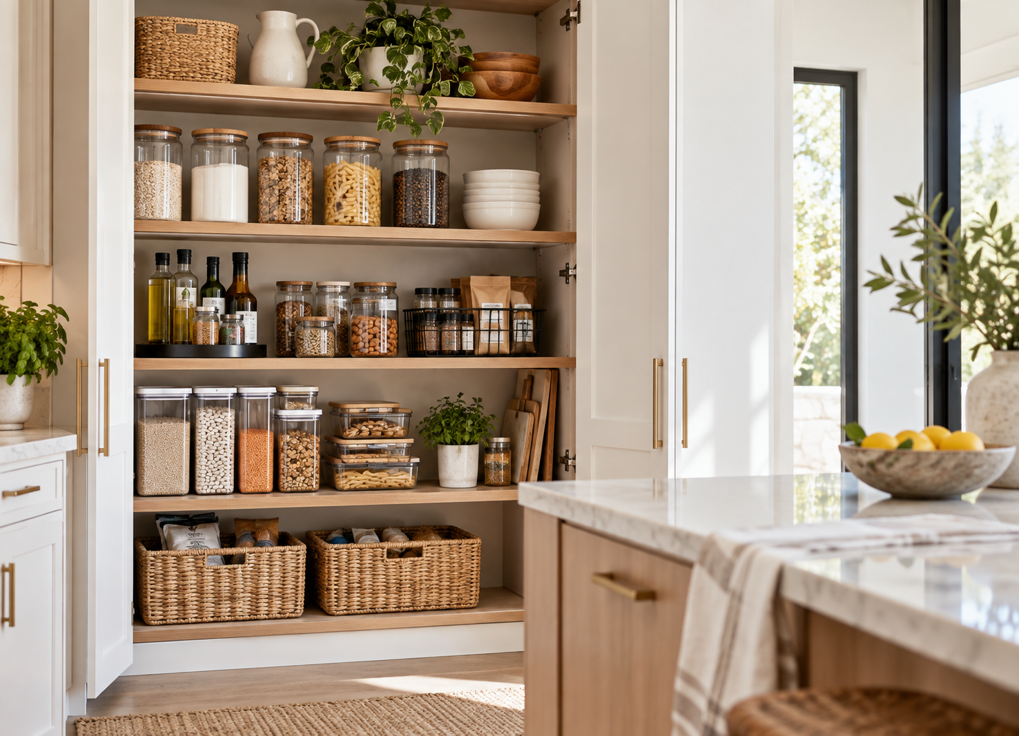 Organized kitchen pantry with storage shelves